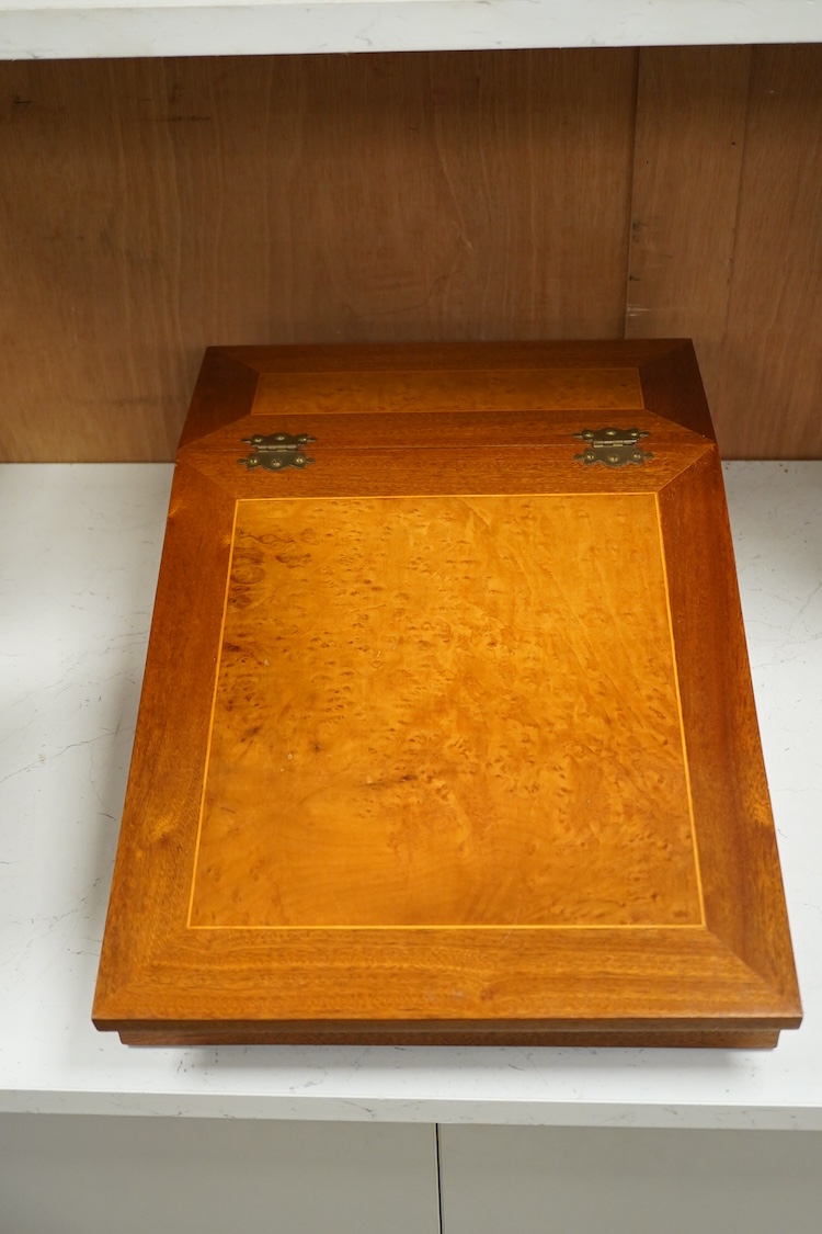 A mid 20th century mahogany and burr walnut lap desk, 53cm